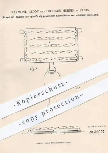 original Patent - Raymond Gigot , Edouard Hübner , Paris , Frankreich , 1885 , Striegel mit Kämmen | Tier , Kamm , Pferd