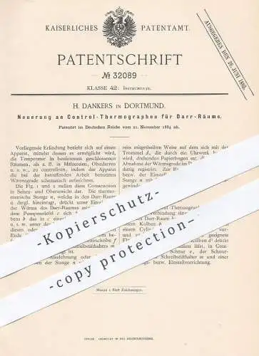 original Patent - H. Dankers , Dortmund , 1884 , Thermograph für Darr - Räume | Malz , Darre , Trocknung , Temperatur !!