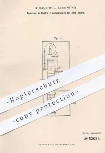 original Patent - H. Dankers , Dortmund , 1884 , Thermograph für Darr - Räume | Malz , Darre , Trocknung , Temperatur !!