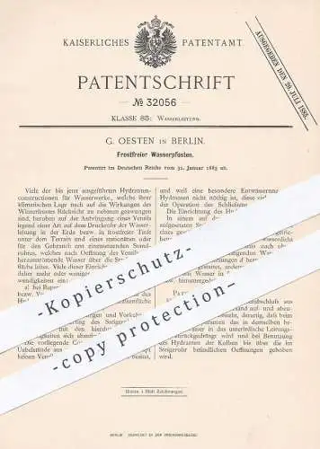 original Patent - G. Oesten , Berlin , 1885 , Frostfreier Wasserpfosten | Wasser , Wasserwerk , Hydrant , Hydranten !!