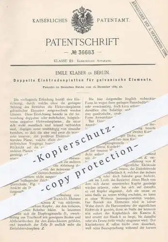 original Patent - Emile Klaber , Berlin , 1885 , Doppelte Elektrodenplatten f. galvanische Elemente | Daniell | Batterie