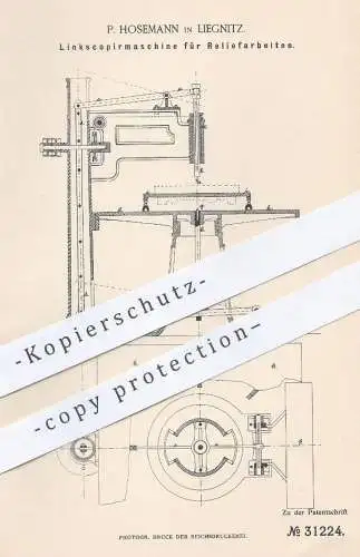 original Patent - P. Hosemann , Liegnitz , 1884 , Kopiermaschine für Relief | Spiegelbild , Kopieren , Kunst !