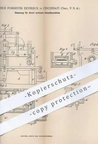 original Patent - Arthur Forrester Devereux , Cincinnati , Ohio , USA , 1886 , Steuerung für Dampfmaschinen | Motor !!