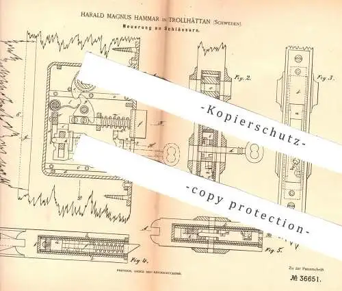 original Patent - Harald Magnus Hammar , Trollhättan , Schweden , 1885 , Schloss , Türschloss | Tür , Schlosser !!!