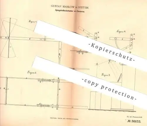 original Patent - Gustav Mahlow , Stettin , 1885 , Spiegelreflektorhalter am Klavier | Piano , Beleuchtung , Musik