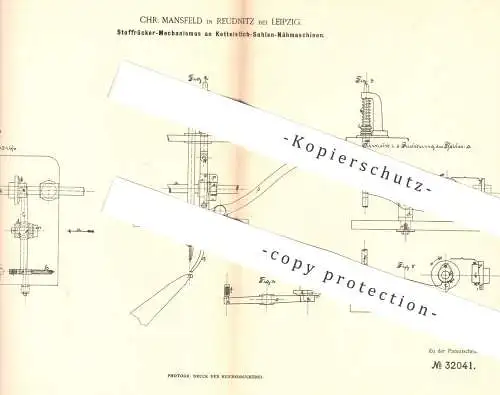 original Patent - Chr. Mansfeld , Reudnitz / Leipzig , 1884 , Stoffrücker - Mechanismus an Kettelstich - Nähmaschine !!