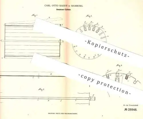 original Patent - Carl Otto Radde , Hamburg , 1884 , Annoncen - Zylinder | Papierfabrik , Papier , Druckerei , Druck !!