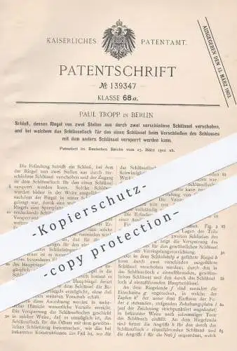 original Patent - Paul Tropp , Berlin , 1902 , Schloss mit Riegel | Türschloss , Schlosser , Tür !!!