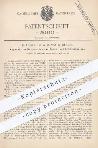 original Patent - H. Engel , A. Jonas , Berlin , 1886 , Beschneiden von Absätzen am Schuh , Stiefel | Schuster , Schuhe