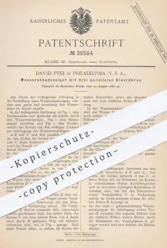 original Patent - David Pyke , Philadelphia , USA , 1886 , Wasserstandsanzeiger mit parallelen Glasröhren | Dampfkessel