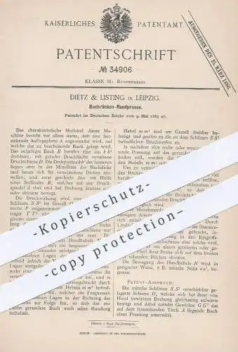 original Patent - Dietz & Listing , Leipzig , 1885 , Buchrücken - Rundpresse | Buch - Presse | Buchbinder , Buchbinderei