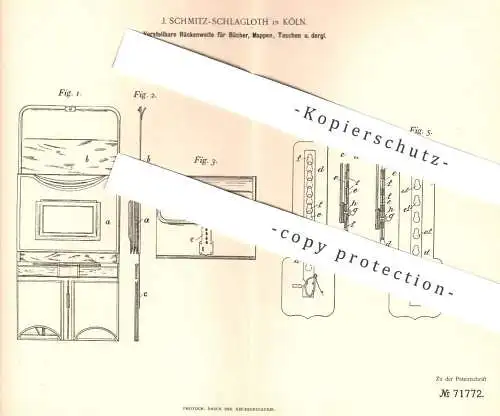 original Patent - J. Schmitz Schlagloth , Köln , 1892 , Verstellbarer Rücken für Bücher , Mappen , Taschen | Buchbinder