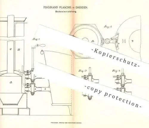 original Patent - Ferdinand Plaschil , Dresden , 1885 , Badeeinrichtung | Badeofen , Badewanne , Ofen , Wasser , Baden