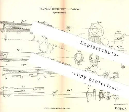 original Patent - Thorsten Nordenfeldt , London , 1885 , Zylinderverschluss für Gewehr , Waffen | Revolver , Pistole !!