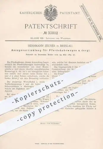 original Patent - Herrmann Zeuner , Breslau , 1885 , Anzug für Pferdebahnwagen | Pferde Kutsche , Wagen , Pferdeschoner