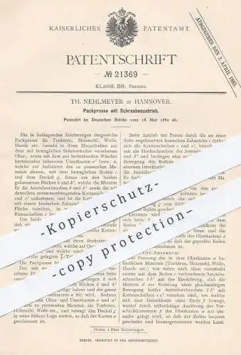 original Patent - Th. Nehlmeyer , Hannover , 1882 , Packpresse mit Schraubenantrieb | Presse , Pressen | Holz , Torf !!