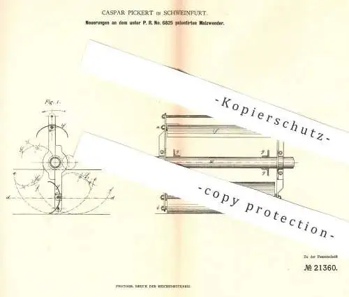 original Patent - Caspar Pickert , Schweinfurt , 1882 , Malzwender | Malz , Darre , Bier , Hopfen , Brauerei !!!