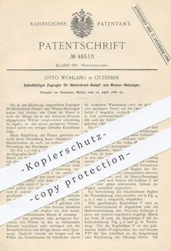 original Patent - Otto Wohlang , Hamburg / Ottensen , 1888 , Zugregler für Heizungen | Heizung , Wasser , Dampf , Druck