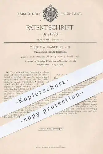 original Patent - C. Berlé , Frankfurt / Main , 1892 , Türschließer mittels Klapphebel | Tür , Schloss , Schlosser !!