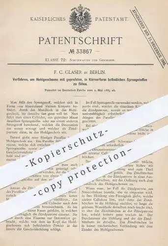 original Patent - F. C. Glaser , Berlin , 1885 , Hohlgeschosse mit Sprengstoff füllen | Geschoss , Waffe , Gewehr !!!