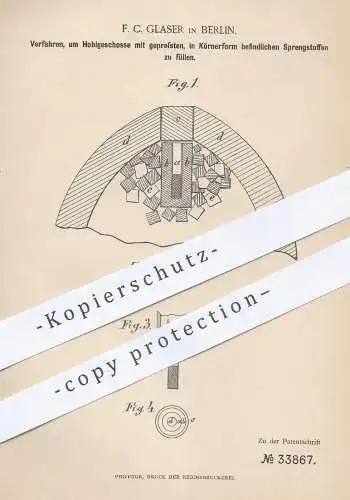 original Patent - F. C. Glaser , Berlin , 1885 , Hohlgeschosse mit Sprengstoff füllen | Geschoss , Waffe , Gewehr !!!