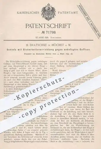 original Patent - H. Dratschke , Höchst / Main , 1893 , Schloss mit Schutz vor unbefugtes Öffnen | Türschloss , Tür !!