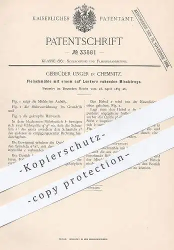 original Patent - Gebr. Unger , Chemnitz , 1885 , Fleischmühle mit Mischtrog | Fleisch - Mühle | Fleischer , Schlachter