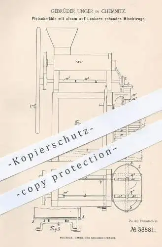 original Patent - Gebr. Unger , Chemnitz , 1885 , Fleischmühle mit Mischtrog | Fleisch - Mühle | Fleischer , Schlachter