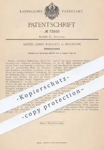 original Patent - Alfred James Waggett , Brighton , 1893 , Schuhverschluss | Verschluss f. Schuhe | Schuhwerk , Schuster