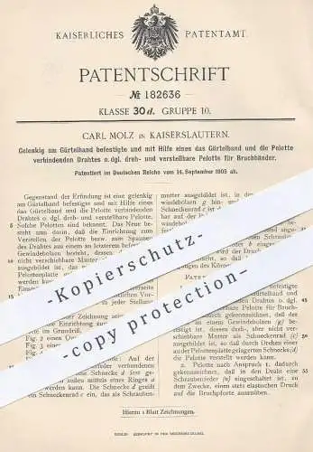 original Patent - Carl Molz , Kaiserslautern , 1905 , Pelotte für Bruchbänder | Polster | Medizin , Arzt , Orthopäde !!