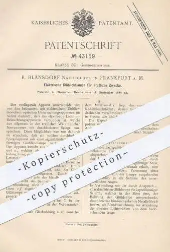 original Patent - R. Blänsdorf Nachf. , Frankfurt / Main 1887 , Elektr. Glühlichtlampe f. Ärzte | Arzt Lampe | Glühlampe