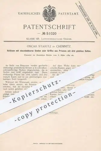 original Patent - Oscar Staritz , Chemnitz , 1889 , Hufeisen mit Stollen oder Griffen | Huf , Hufe , Pferd , Schmied !!