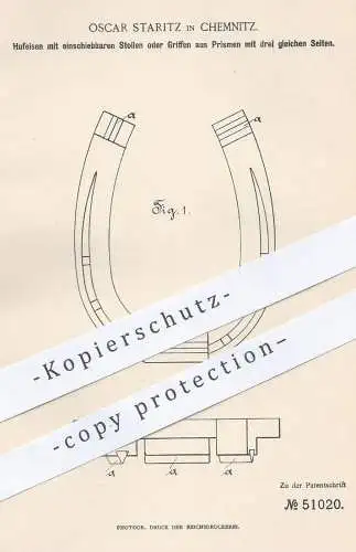 original Patent - Oscar Staritz , Chemnitz , 1889 , Hufeisen mit Stollen oder Griffen | Huf , Hufe , Pferd , Schmied !!