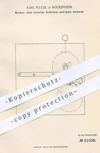 original Patent - Karl Flugel , Bockenheim , 1889 , Wecker | Uhr , Uhren , Uhrwerk , Uhrmacher , Weckerwerk , Klingel !