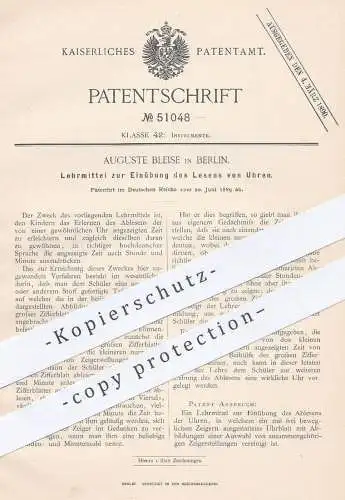 original Patent - Auguste Bleise , Berlin , 1889 , Lehrmittel zum Lesen u. Lernen der Uhrzeit | Uhr , Uhren , Schule !!