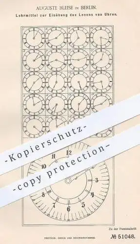 original Patent - Auguste Bleise , Berlin , 1889 , Lehrmittel zum Lesen u. Lernen der Uhrzeit | Uhr , Uhren , Schule !!