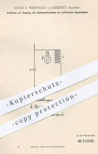 original Patent - Adolf F. Weinhold , Chemnitz , 1889 , Reinigung von Kohlenachschub an elektr. Bogenlampen | Lampe !!