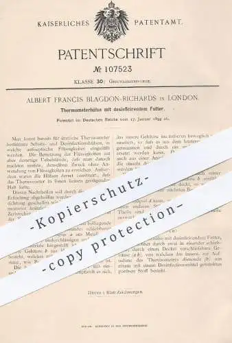 original Patent - Albert Francis Blagdon Richards , London England , 1899 , Hülse für Thermometer | Fieberthermometer !!