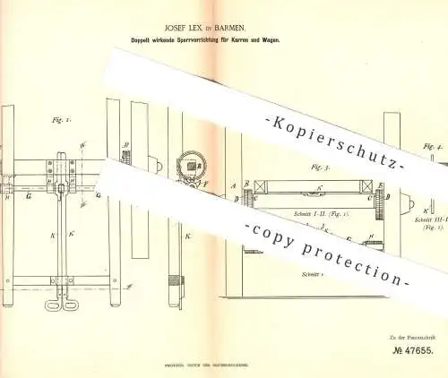 original Patent - Josef Lex , Barmen , 1888 , doppelte Sperre f. Kutschen , Karren , Wagen | Pferde - Kutsche | Kutscher