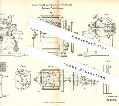 original Patent - Hölzle & Spranger , München , 1888 , Tiegeldruckpresse | Tiegel - Druckpresse | Druck - Presse !!