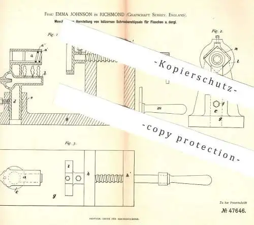 original Patent - Emma Johnson , Richmond , Surrey , England , 1888 , Schraubenstöpsel für Flaschen aus Holz !!!