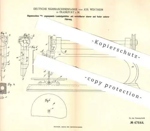 original Patent - Deutsche Nähmaschinenfabrik Jos. Wertheim , Frankfurt / Main , 1888 , Säge , Sägen | Laubsäge , Holz