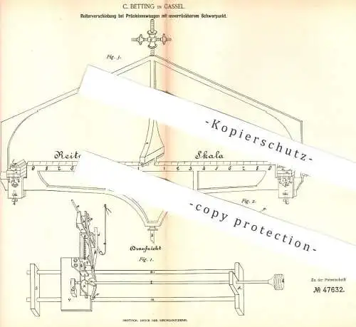 original Patent - C. Betting , Kassel , 1888 , Reiterverschiebung bei Präzisionswaage | Waagen , Waage | Wiegen !!!