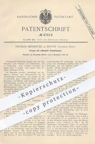 original Patent - Thomas Messenger , Dover , Kent , 1888 , Presse mit rotierender Formtrommel | Pressen , Ton , Stein !