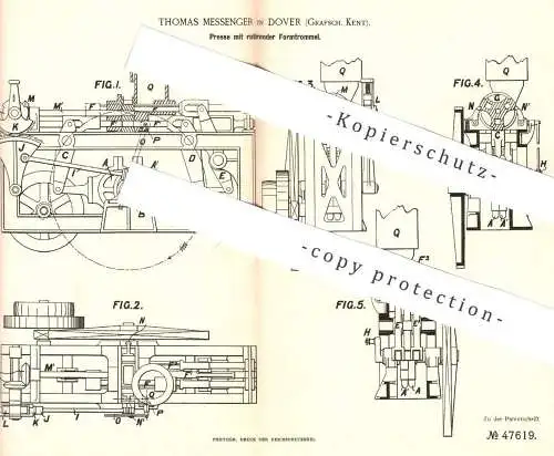 original Patent - Thomas Messenger , Dover , Kent , 1888 , Presse mit rotierender Formtrommel | Pressen , Ton , Stein !