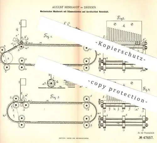 original Patent - August Reinhardt , Dresden , 1888 , Mechanisches Musikwerk | Musikinstrument , Noten , Notenblatt !!