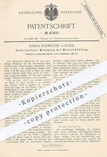 original Patent - Joseph Schweitzer , Paris Frankreich  1888 , Unterläufiger Mahlgang mit Wasserkühlung | Mühle , Mühlen