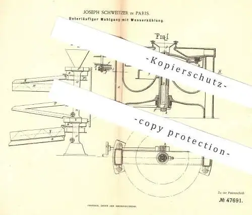 original Patent - Joseph Schweitzer , Paris Frankreich  1888 , Unterläufiger Mahlgang mit Wasserkühlung | Mühle , Mühlen