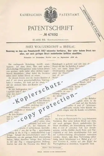 original Patent - Fritz Woltzendorff , Breslau , 1888 , Bier durch hohen Druck abfüllen | Zapfanlage , Zapfhahn !!!