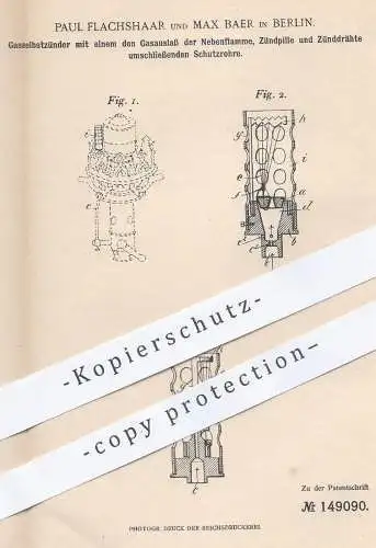 original Patent - Paul Flachshaar , Max Baer , Berlin , 1901 , Gasselbstentzünder | Gas Zünder , Zündung , Brenner !!